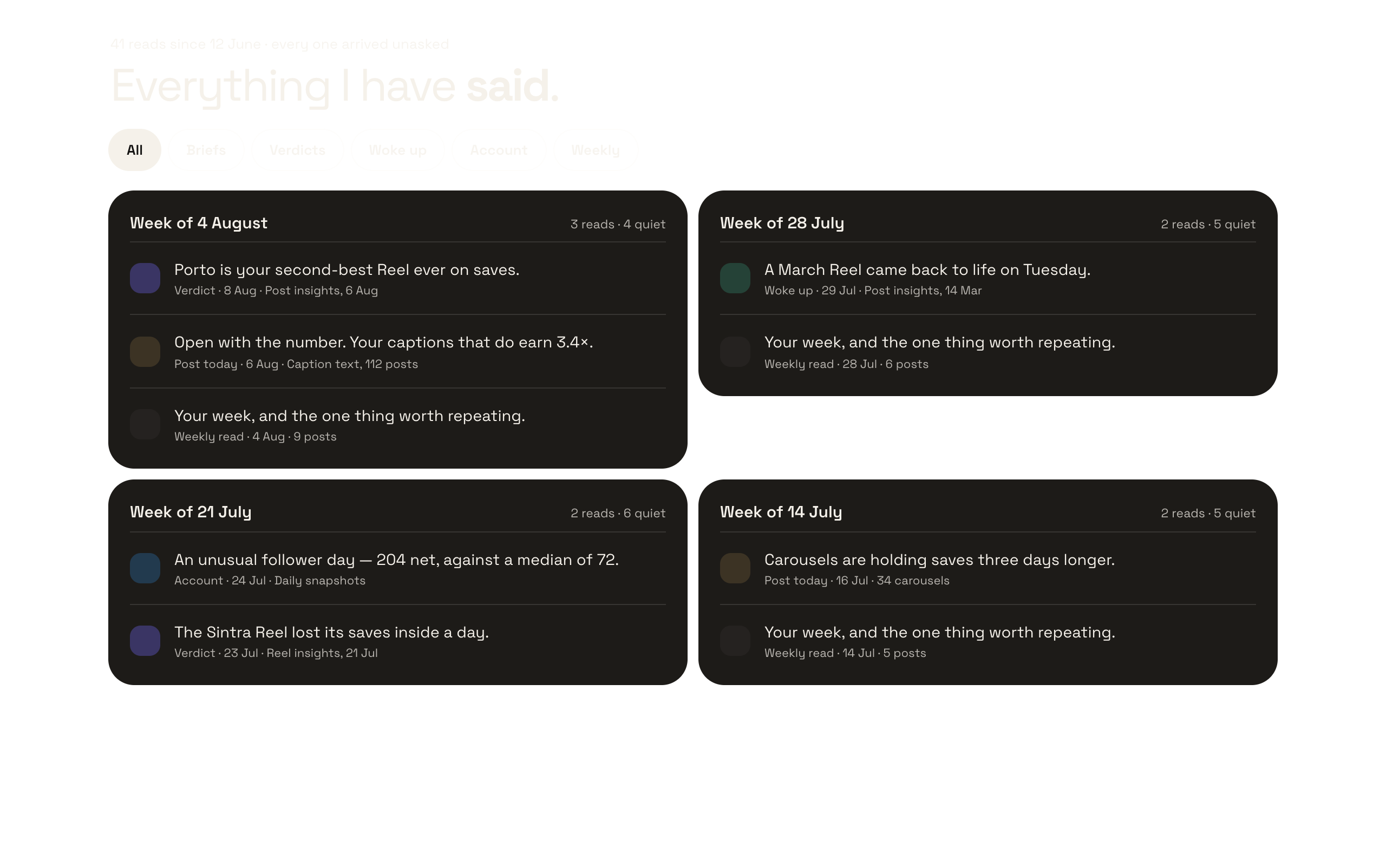 The Archive screen in the Colecta web app