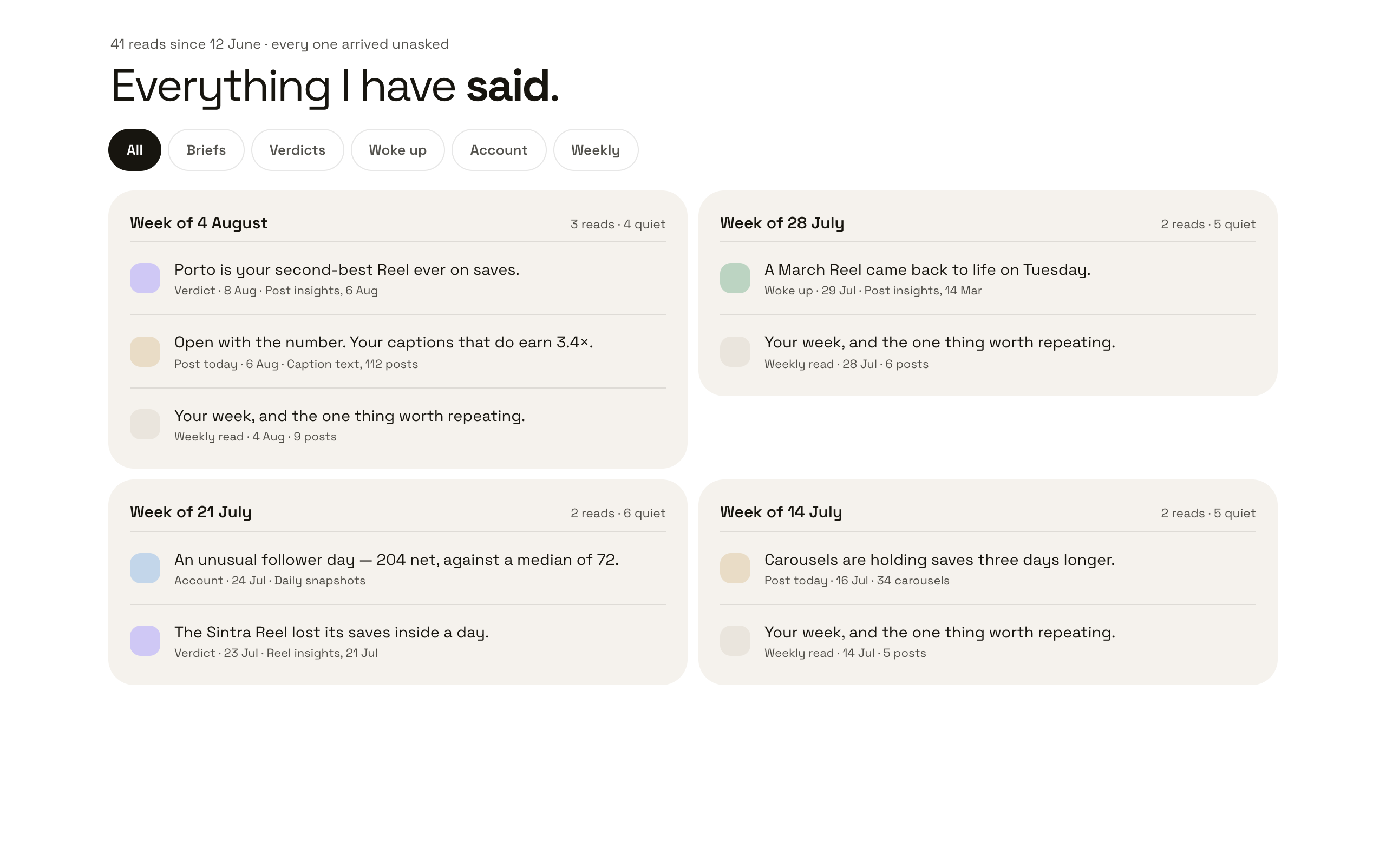 The Archive screen in the Colecta web app